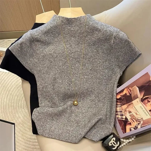 Basic Turtleneck Solid Thin Summer 2026 Pullover Women Female Knitted Sweater Slim Short Sleeve Bodycon Sweater