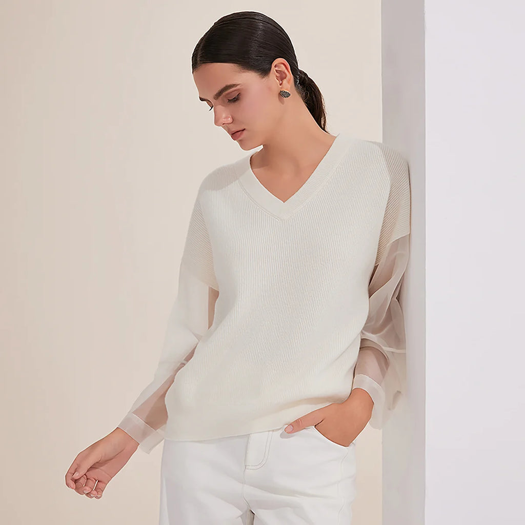 BY4521255 Women's Elegant V-Neck Oversized Sweater 100% Wool Casual Style Pullover with Sheer Sleeves for Fall